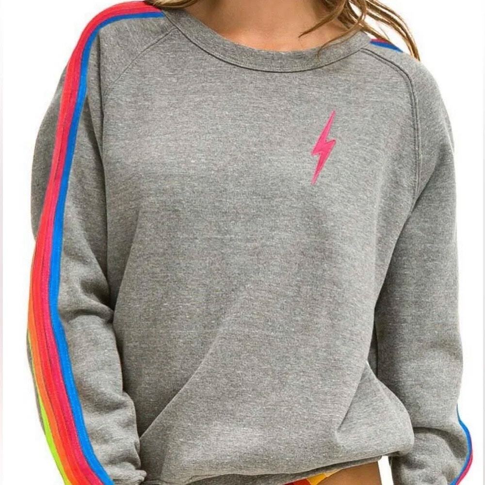 Aviator Nation Neon Stripe Crewneck Heather Gray Sweatshirt Small S